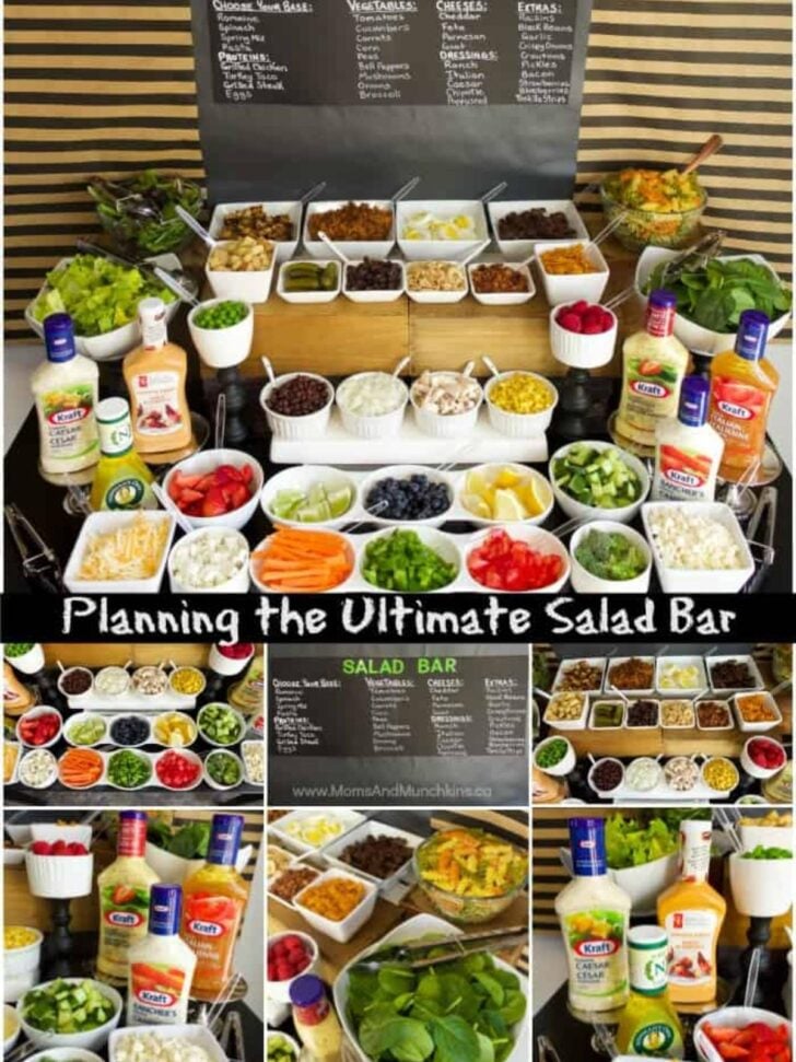 A colorful salad bar setup with fresh vegetables, toppings, cheeses, dressings, and greens is arranged neatly on a table with serving utensils and a chalkboard menu—perfect for inspiration if you're seeking creative food bar ideas. Text reads, "Planning the Ultimate Salad Bar.
