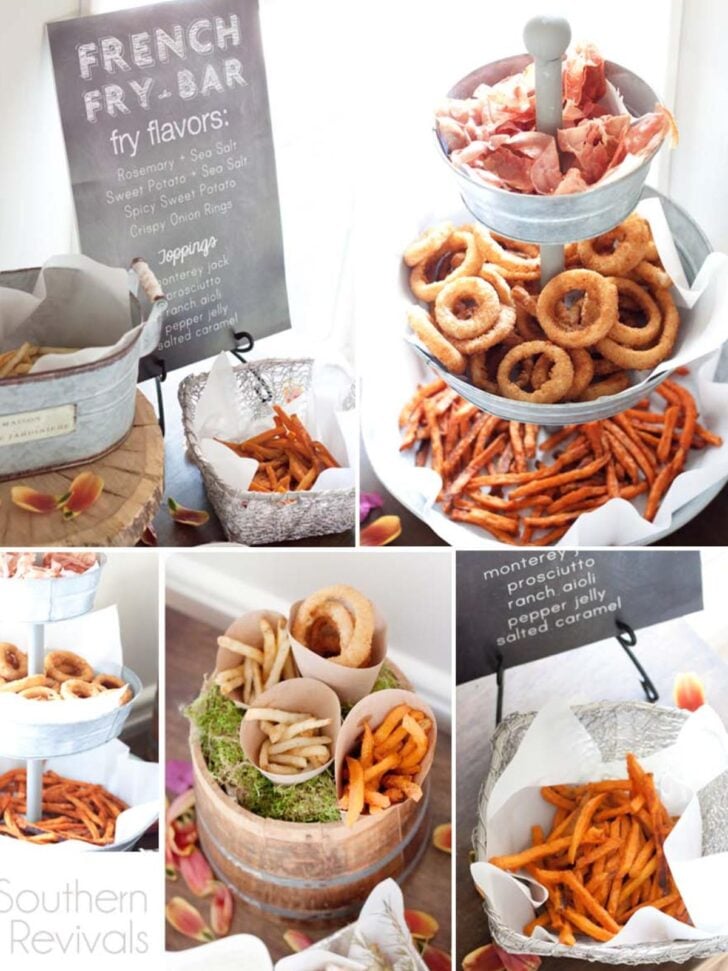 A French fry bar display, perfect for snack bar ideas, features sweet potato fries, regular fries, onion rings, and prosciutto in baskets and cones. A chalkboard menu lists fry flavors and toppings, all highlighted by bright, natural lighting.