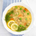 greek lemon chicken rice soup in a bowl