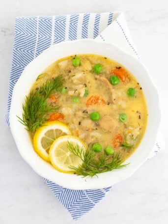 greek lemon chicken rice soup in a bowl