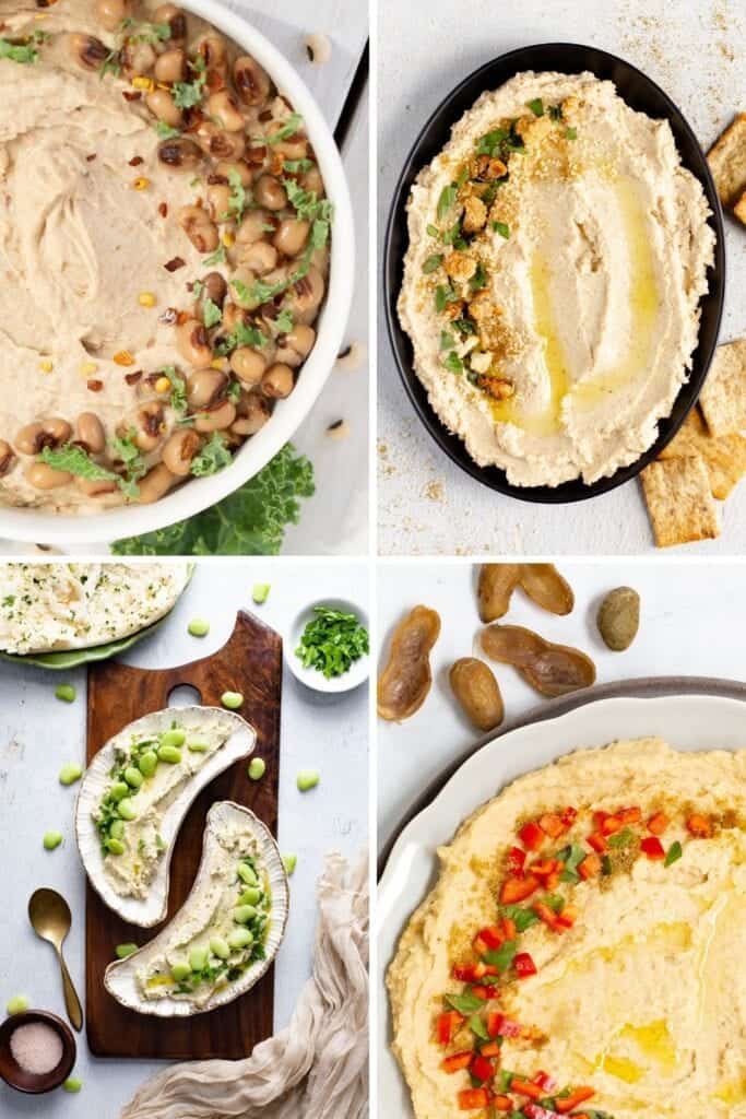 unusual types of hummus, black eyed pea, cauliflower, lima bean, peanut