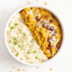 Indian Tor doll that was made in instant pot served in a bowl with Jasmine rice