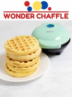 best wonder bread chaffle recipe with stack of chaffles and dash waffle iron