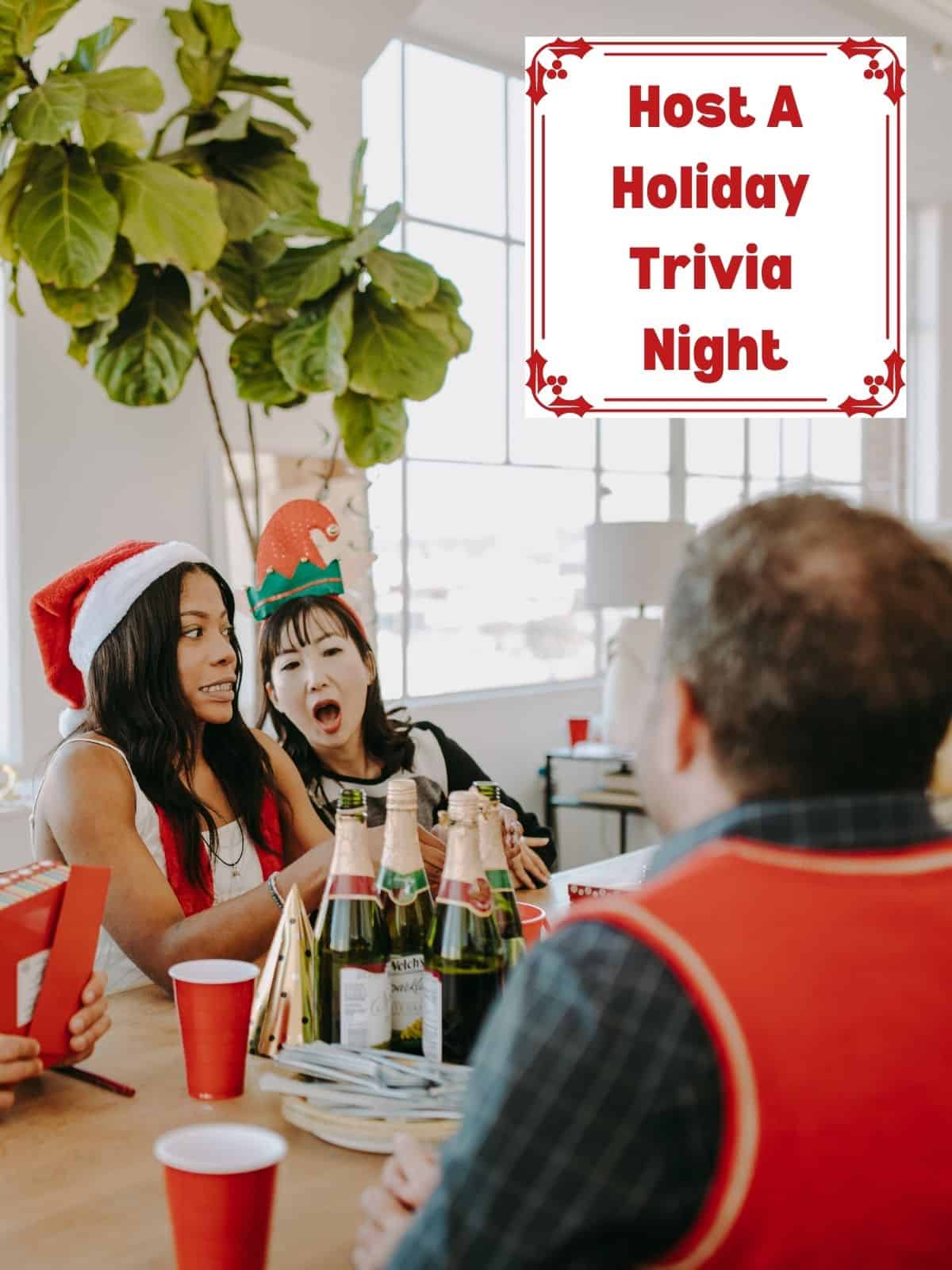 Host A Holiday Trivia Night with friends laughing