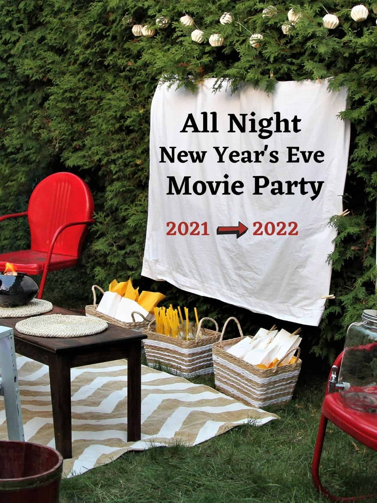 sheet for movie screen in backyard and chairs