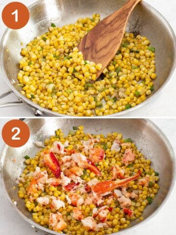 corn and onions in a pan. second pan adding the lobster to pan