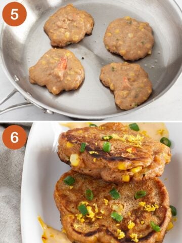 pan with corn fritters cooking, fritters with lemon zest and green onions on top