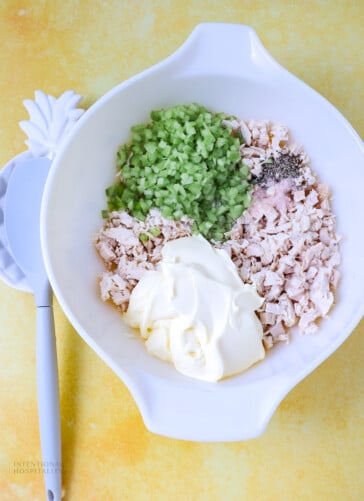 chicken, celery, mayo and seasonings in a bowl
