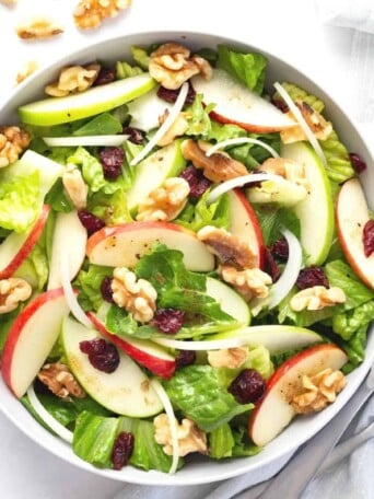 fuji apple salad copycat in a bowl with nuts, cranberries and apples on top