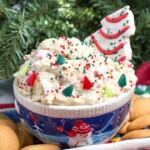 Christmas Tree Dip Recipe in a snow man bowl with vanilla wafers to dip into it