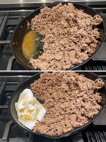 ground beef in skillet cooked, and paper towel soaking up grease