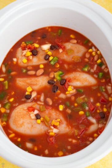 chicken taco soup in the crock pot ready to cook