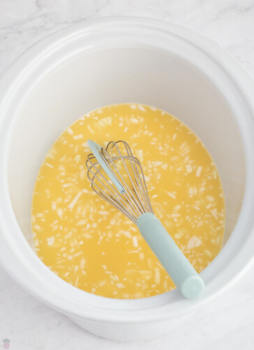 soup, spices and onions in a crock pot being whisked