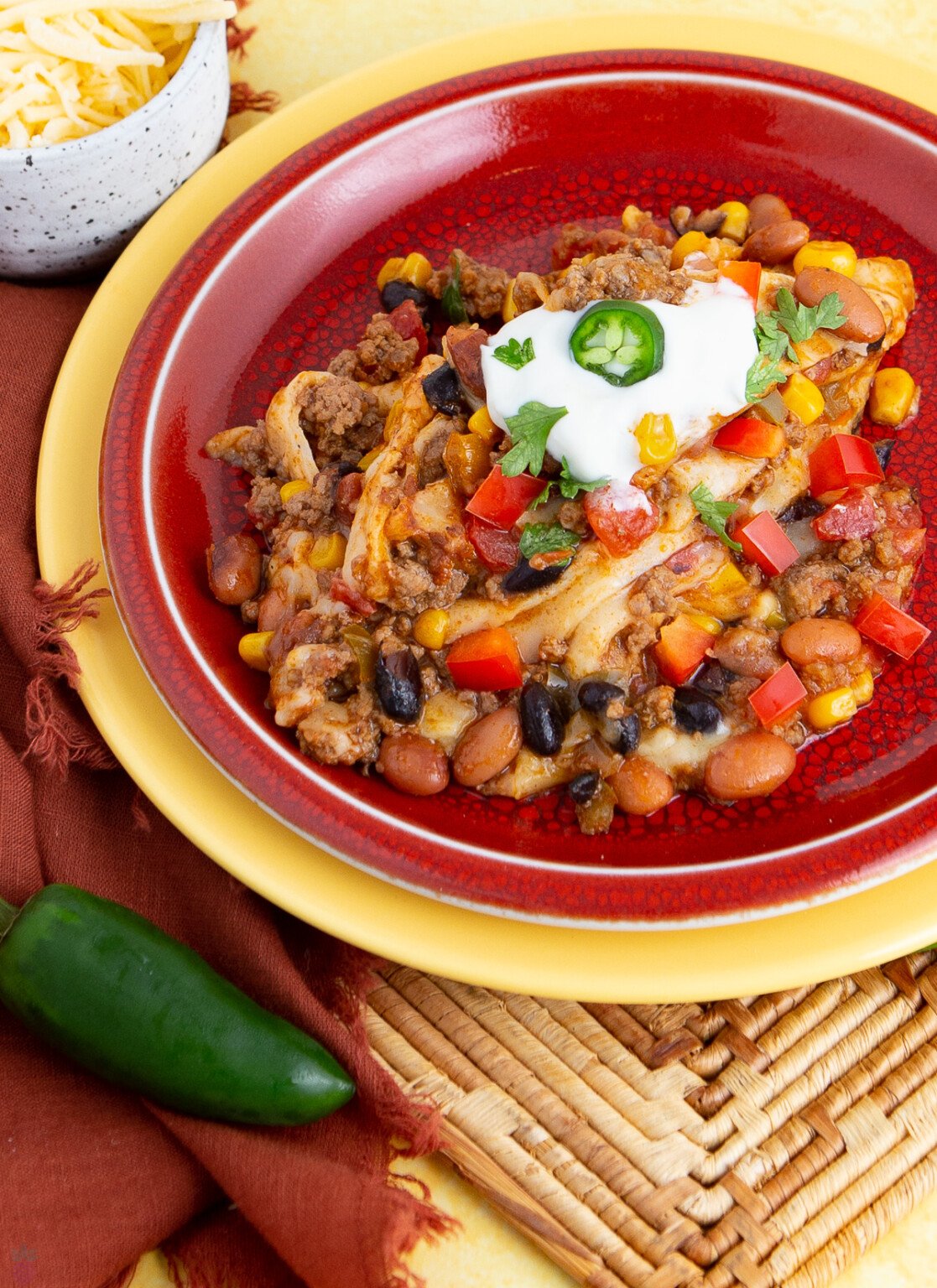 Layered Cheesy Slow Cooker Mexican Casserole with Ground Beef