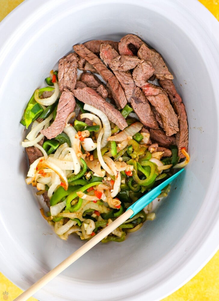 Steak Picado ingredients in a slow cooker
