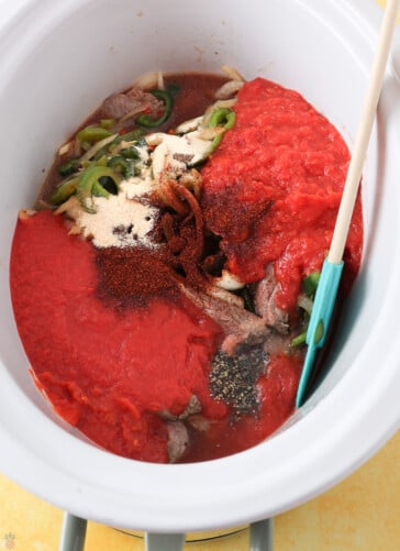 Steak Picado ingredients in a slow cooker