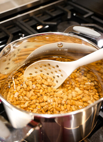 pinto beans in a pot of hot water on the stove to start softening them.