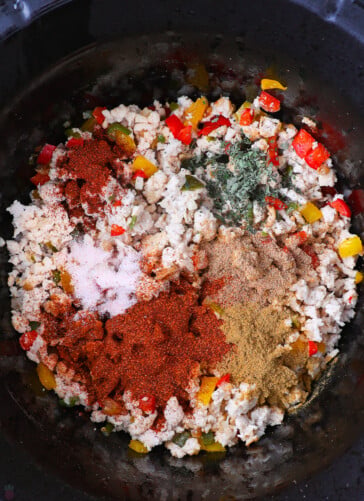 seasonings for ground turkey chili in the crock pot on top of the meat.