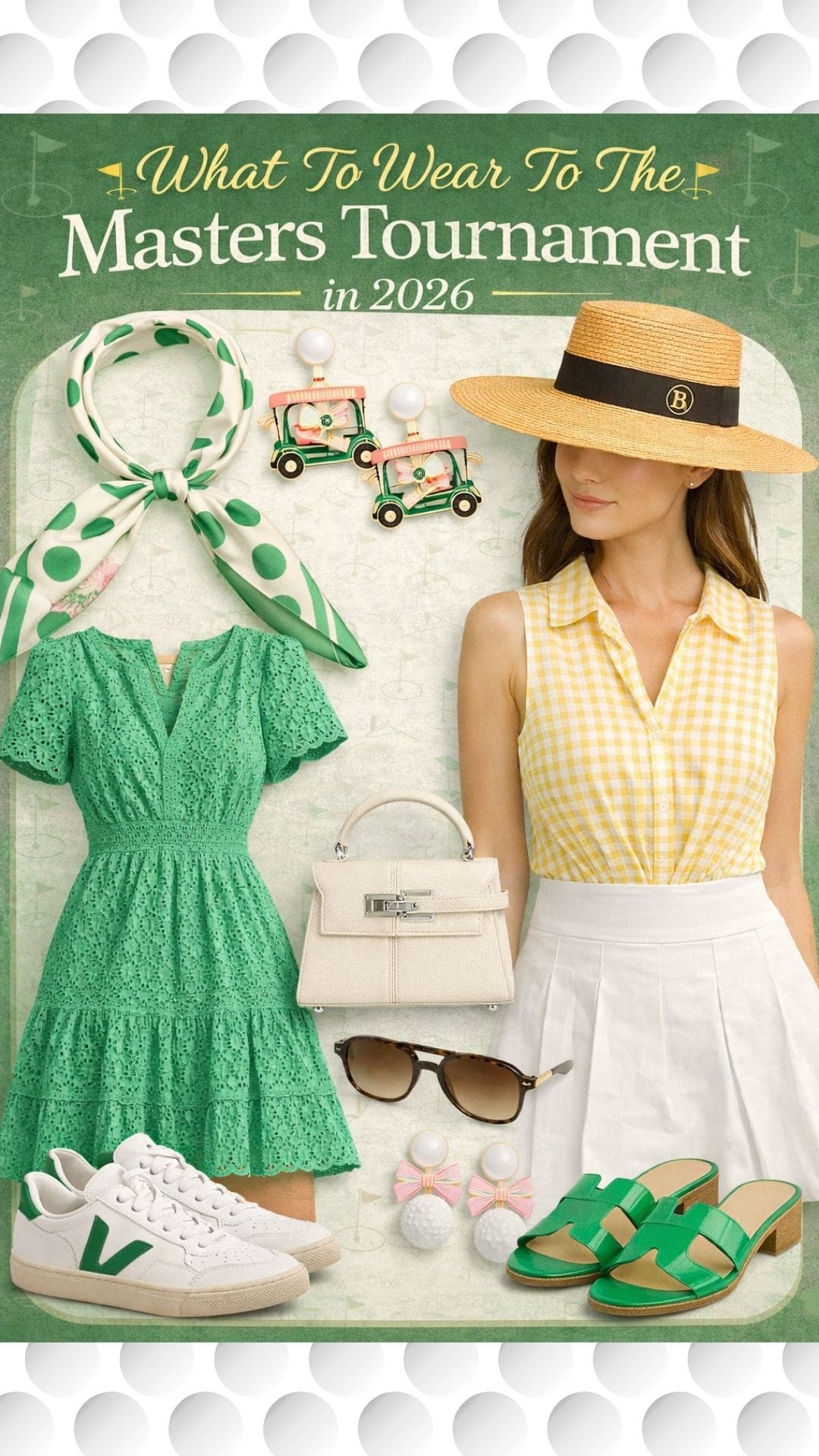 A collage displays stylish Masters Party Ideas for the tournament, featuring a green lace dress, yellow checkered sleeveless top with white skirt, green scarf, straw hat, sandals, sneakers, handbag, sunglasses, and golf-themed earrings.