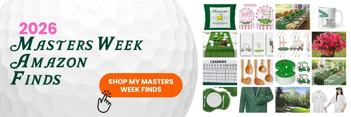 A banner reads “2026 Masters Week Amazon Finds” over a golf ball background, with a button labeled “Shop My Masters Week Finds” and images of Masters-themed golf gifts—plus an Arnold Palmer drink recipe—on the right.