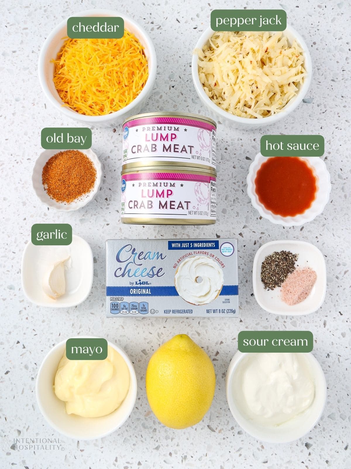 Ingredients for cold crab dip.
