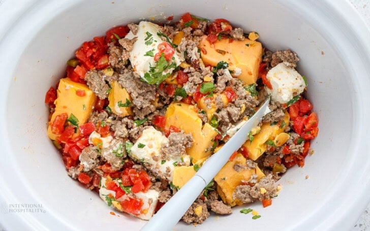 Ingredients for Rotel sausage dip in a crock pot stir together ready to cook