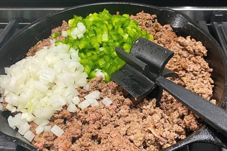 Cooked ground beef with onions and peppers