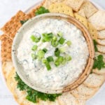 knorr vegetable dip in a bowl with green onions on top surrounded by crackers for dipping