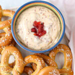 sweet pretzel dip with pretzels ready to dip in