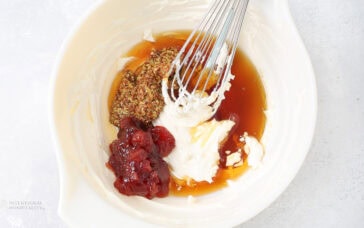 adding ingredients to make sweet pretzel dip
