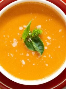 fresh vita mix tomato soup in a bowl with basil sprig on top