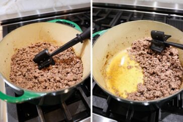 Side-by-side images show ground beef cooking in a green pot. On the left, the ground beef is brown and being stirred with a black spoon. On the right, the cooked beef is pushed to one side, revealing a pool of melted fat.