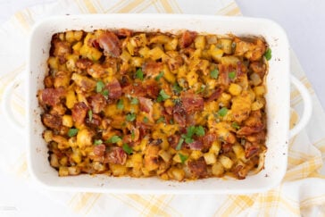 A baked casserole in a white dish, featuring diced potatoes topped with melted cheese, crispy bacon, and garnished with fresh parsley. The dish rests on a yellow and white checked cloth.