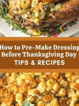 A Thanksgiving dish with roasted turkey garnished with herbs and a casserole dish of stuffing. Text overlay reads: "How to Pre-Make Dressing Before Thanksgiving Day - Tips & Recipes.