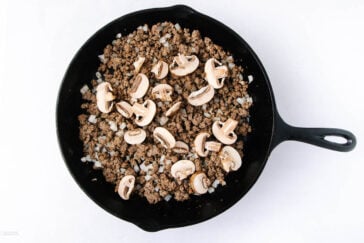A black skillet filled with cooked ground beef, chopped onions, and sliced raw mushrooms, set against a white background.
