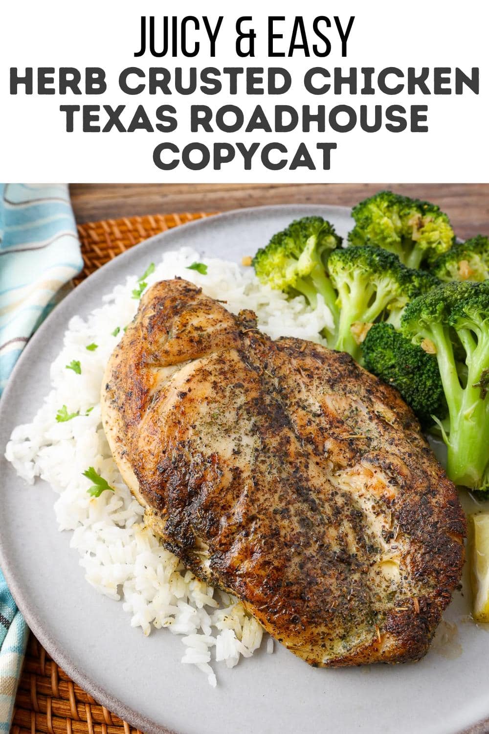 A plate with herb-crusted chicken breast on white rice, served with steamed broccoli. The plate is on a woven mat with a blue-striped napkin beside it. Try adding tangy cowboy candy from our canned cowboy candy recipe for extra flavor!.