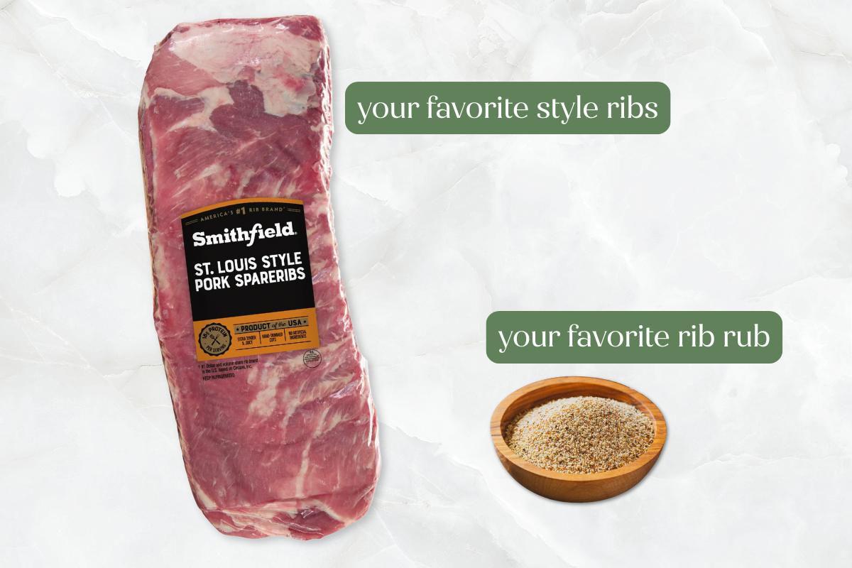 A package of Smithfield St. Louis style pork spareribs is on the left, and a small wooden bowl filled with rib rub seasoning is on the right, each labeled “your favorite style ribs” and “your favorite rib rub.”.