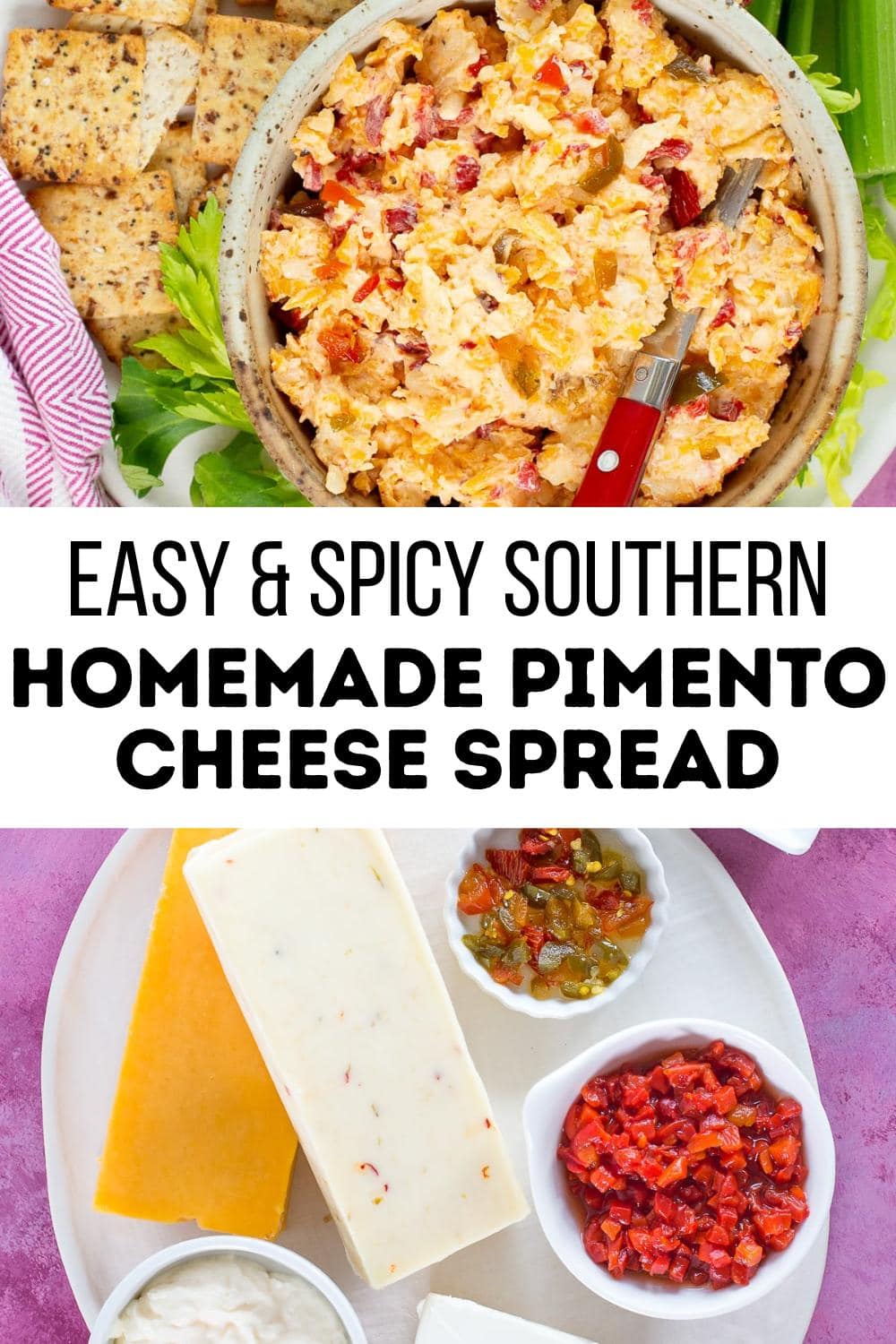 A bowl of pimento cheese spread with a red-handled knife, crackers, and celery on the side; below, cheese blocks and small bowls of chopped pimentos, relish, and canned cowboy candy recipe ideas are on a white platter.