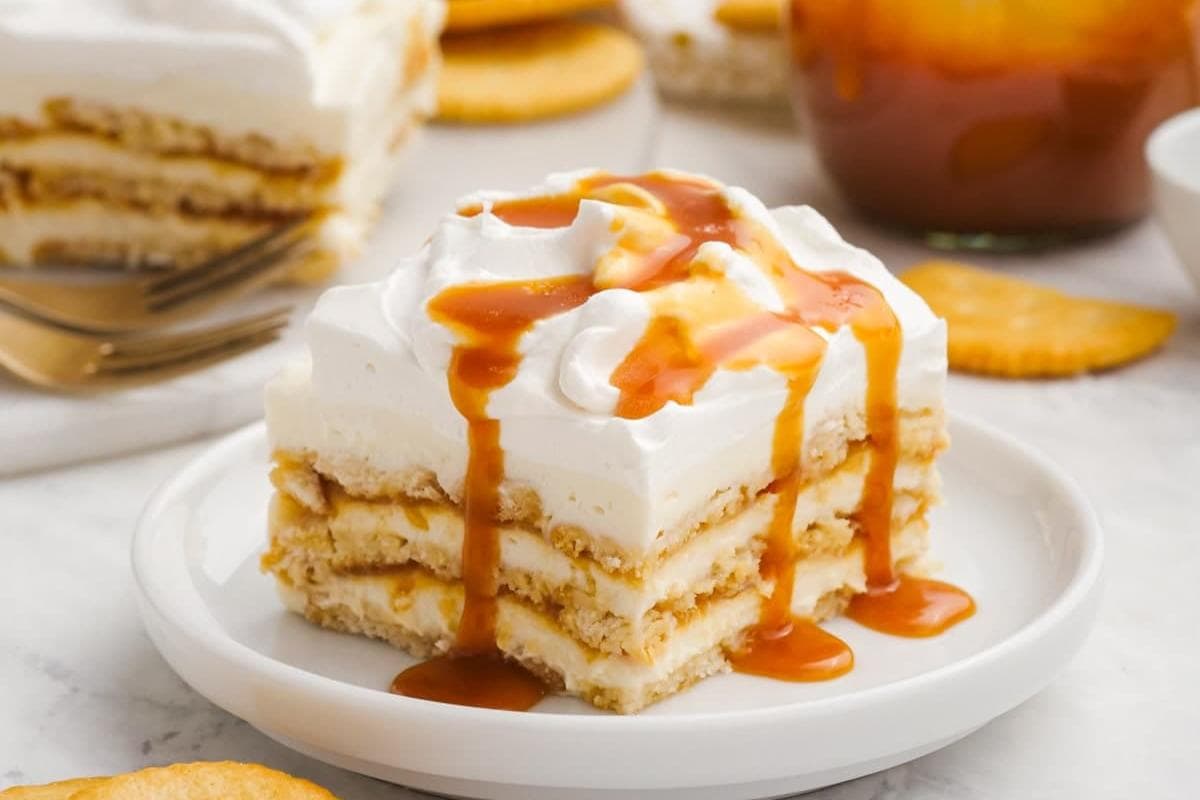 A slice of layered dessert with crackers, creamy filling, and whipped topping, drizzled with caramel sauce, on a white plate with more crackers and dessert in the background.