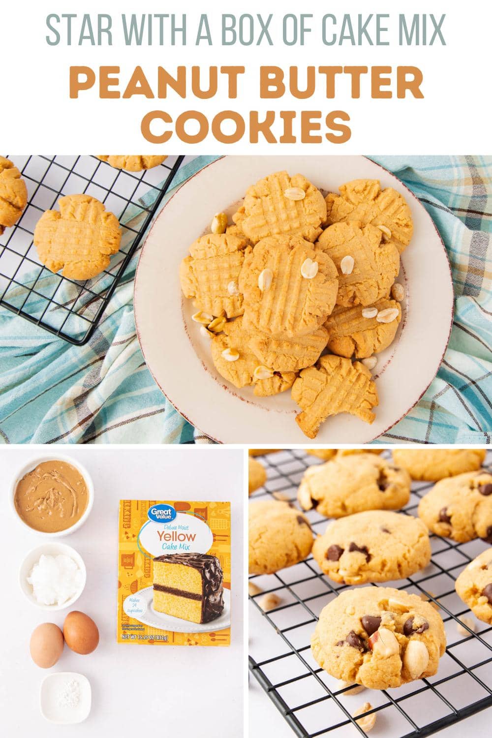 A plate of peanut butter cookies on a striped cloth, with cookies cooling on a rack. Below are ingredients: cake mix, peanut butter, eggs, oil, and another image of cookies with chocolate chips on a rack. Text reads “Peanut Butter Cookies.”.