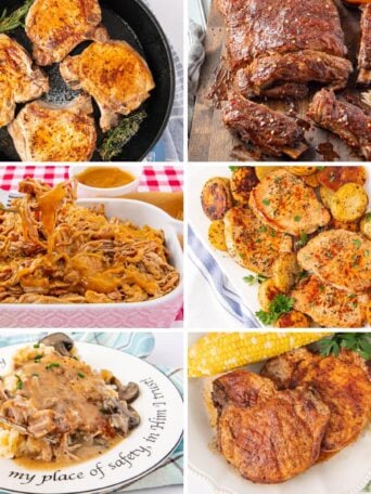 A collage of six pork chop dishes, including pork chops in a skillet, sliced pork roast, shredded pork with sauce, baked pork chops with potatoes, pork chops with mushrooms over mashed potatoes, and grilled pork chops with corn.