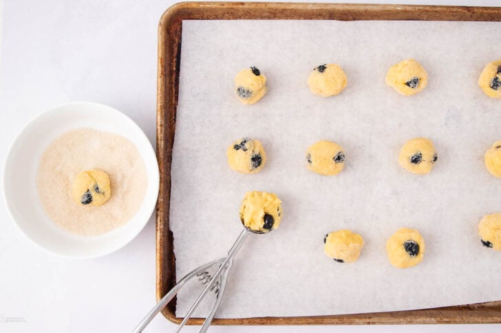 A baking tray lined with parchment holds unbaked, round cookie dough balls with dark spots. Nearby, a bowl of sugar and a cookie scoop are shown, with one dough ball being coated in sugar.