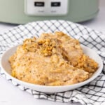 A white plate with creamy, golden-brown chicken and stuffing sits on a black-and-white checkered cloth. A slow cooker is blurred in the background.