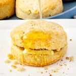A golden biscuit sliced open with a pat of butter inside, being drizzled with honey. Crumbs are scattered on the white plate, and more biscuits are visible in the background.