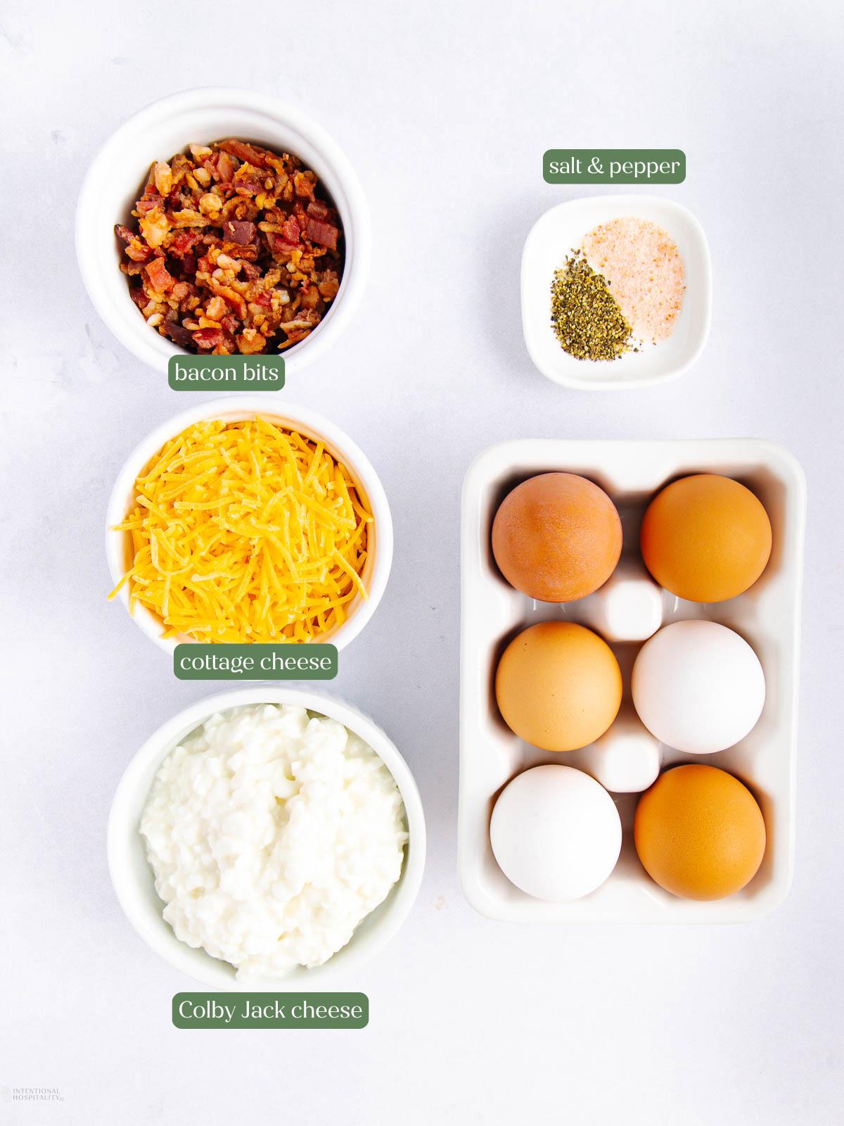 Top view of ingredients on a white surface: a bowl of bacon bits, shredded Colby Jack cheese, shredded cheddar cheese, a dish of salt and pepper, cottage cheese, and a tray with six eggs. Labels identify each item.