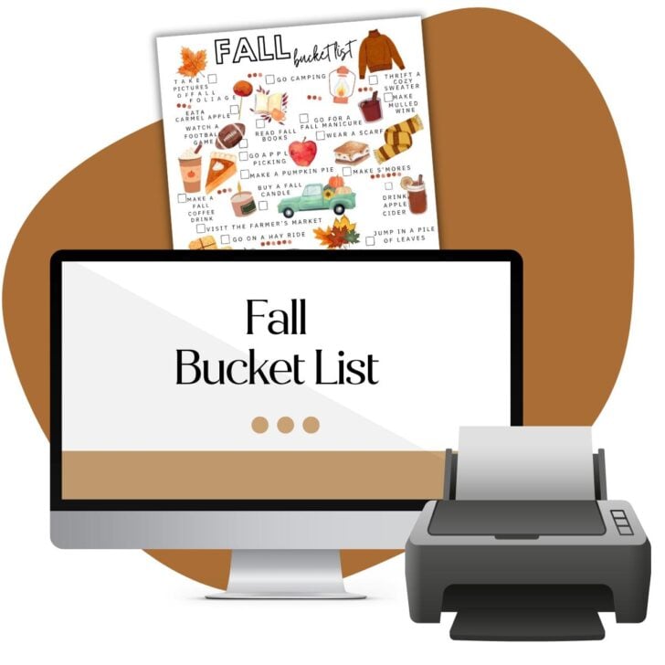 Illustration of a computer monitor displaying “Fall Bucket List,” a printer, and a colorful fall-themed checklist with autumn activities, all set against a brown abstract background.