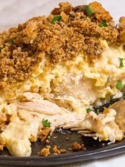 A creamy chicken casserole topped with golden, crunchy breadcrumbs is served on a dark plate with a spoon. Chopped herbs are sprinkled on top as garnish.