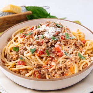 A bowl of spaghetti topped with meat sauce, diced tomatoes, fresh basil, and grated Parmesan cheese, with a block of cheese and a grater in the background.