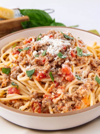 A bowl of spaghetti topped with meat sauce, diced tomatoes, fresh basil, and grated Parmesan cheese, with a block of cheese and a grater in the background.
