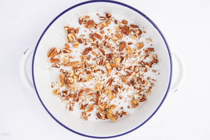 A white dish with a blue rim contains a scattered layer of chopped pecans on a white background.